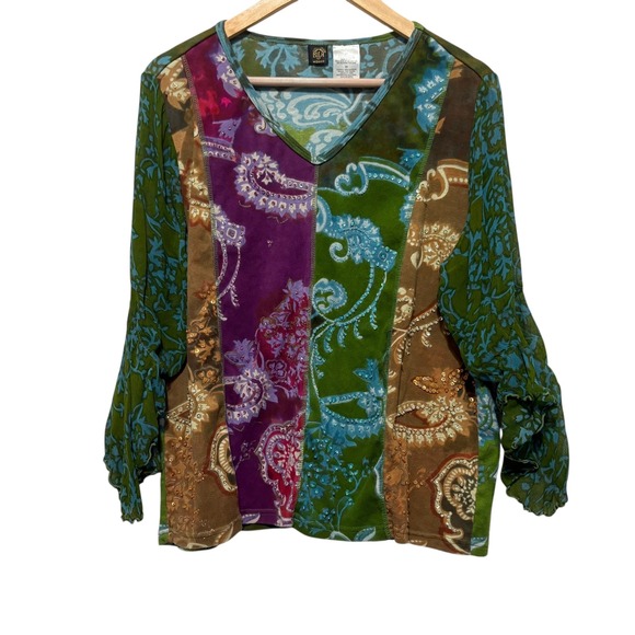 Bila Woman Boho Patchwork Paisley Top 2X Multicolor Sequin Festival Multimedia - Picture 1 of 7